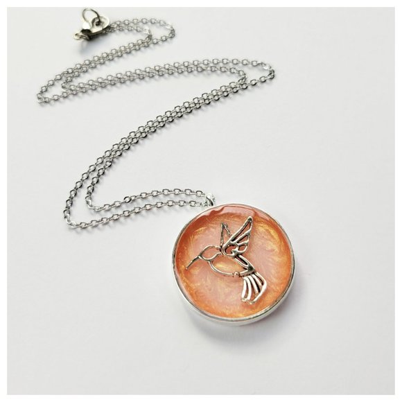 Hummingbird Pendant Necklace Metallic Peach Silver Round Bezel Handmade Necklace - Picture 3 of 9